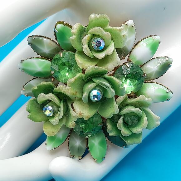 Vintage Celebrity Green Rhinestone Brooch Pendant, 1950s, 2 1/4 Inches - Picture 2 of 10